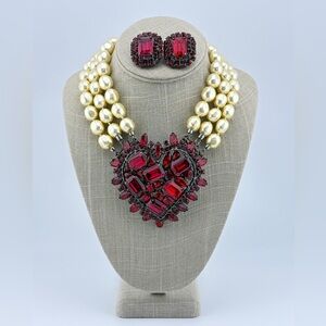 RARE Lawrence VRBA Rhinestone Heart Brooch Necklace & Earrings Vintage